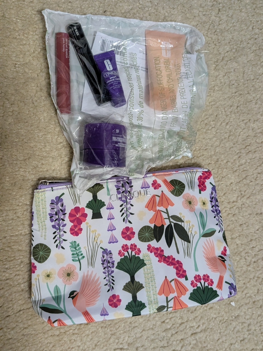 Clinique Floral Cosmetic Bag in White with Pink, Purple & Green Print